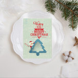 Aqua Blue Santa Claus Weihnachtsbaum Feiertagskarte<br><div class="desc">Rote Typografie wünscht Ihnen ein frohes Weihnachtsfest mit Retro,  abstraktem Aqua-Hintergrund. Einige weiße Sterne formen im Hintergrund. Der Weihnachtsmann hält sich an einen Süßwarenstock in der rechten Hand und hält an einem blauen Weihnachtsbaum fest.</div>