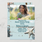 Aqua Blue Seashell Beach 16 . Geburtstag Party Einladung (Vorne/Hinten)