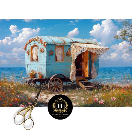 Aqua Blue Seaside Sinti und Roma Caravan Decoupage Seidenpapier