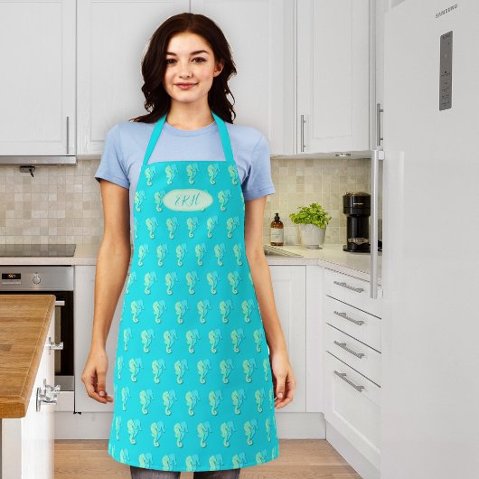 Aqua Blue Seepferde Muster Mit Monogramm Köche Schürze