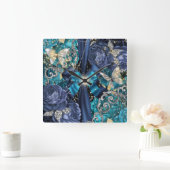 Aqua-Blue-Silberschmetterling-Fantasy-Shabby Chic Quadratische Wanduhr (Zuhause)