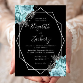 Aqua Blue Silver Floral Black Wedding Einladung