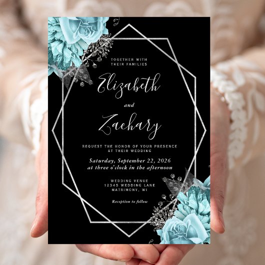 Aqua Blue Silver Floral Black Wedding Einladung