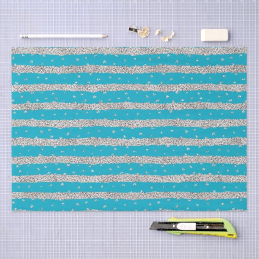 Aqua Blue Silver Funkelnd Confetti Streifen Seidenpapier (Handwerk)