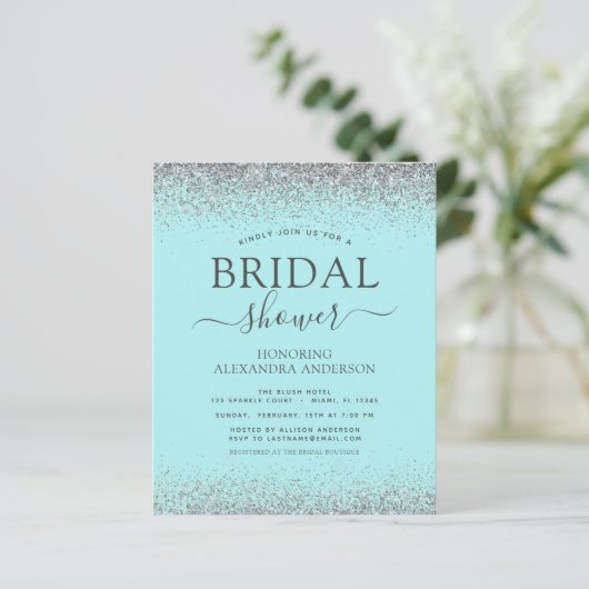 Aqua Blue Silver Glitzer Bridal Dusche Einladung (Stehend Vorderseite)