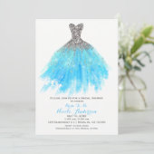 Aqua Blue Silver Glitzer Glam Dress Brautparty Einladung (Stehend Vorderseite)