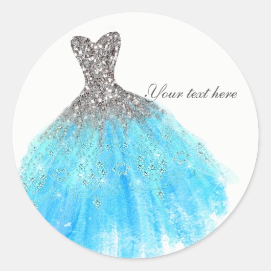 Aqua Blue Silver Glitzer Glam Dress Gastgeschenk Runder Aufkleber (Vorderseite)