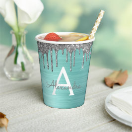 Aqua Blue Silver Glitzer und Sparkle Monogram Pappbecher