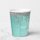 Aqua Blue Silver Glitzer und Sparkle Monogram Pappbecher (Rechts)
