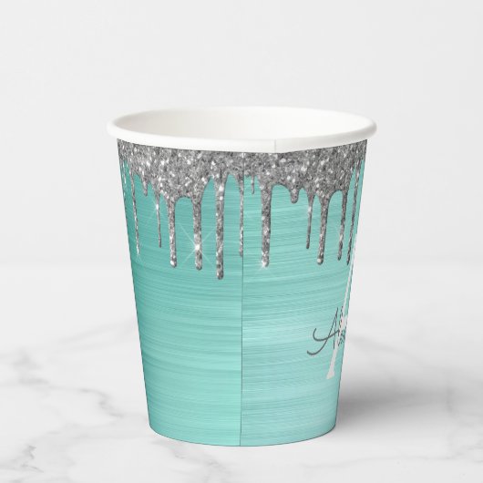Aqua Blue Silver Glitzer und Sparkle Monogram Pappbecher (Rechts)