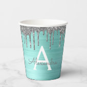 Aqua Blue Silver Glitzer und Sparkle Monogram Pappbecher (Vorderseite)