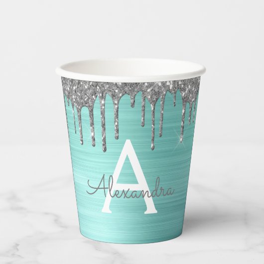 Aqua Blue Silver Glitzer und Sparkle Monogram Pappbecher (Vorderseite)