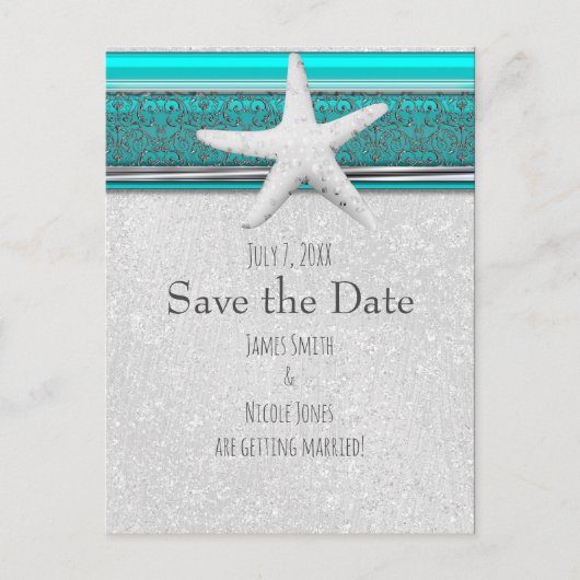 Aqua Blue & Silver Starfish Beach Save the Date Ankündigungspostkarte (Vorderseite)