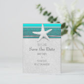 Aqua Blue & Silver Starfish Beach Save the Date Ankündigungspostkarte (Stehend Vorderseite)