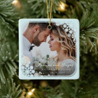 Aqua Blue Snowflakes Frame Holiday Wedding Foto Keramikornament