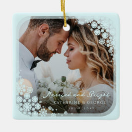 Aqua Blue Snowflakes Frame Holiday Wedding Foto Keramikornament
