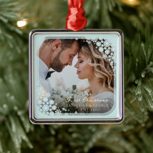Aqua Blue Snowflakes Frame Holiday Wedding Foto Silbernes Ornament (Baum)