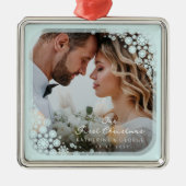 Aqua Blue Snowflakes Frame Holiday Wedding Foto Silbernes Ornament (Vorne)