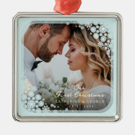Aqua Blue Snowflakes Frame Holiday Wedding Foto Silbernes Ornament