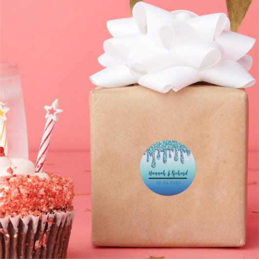 Aqua Blue Sparkle Glitzer Tropfen Wedding Gift Runder Aufkleber (Party)