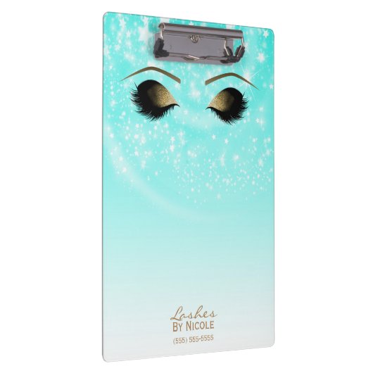 Aqua Blue Sparkle Gold Makeup Eyes Lashes Modern Klemmbrett (Rechts)