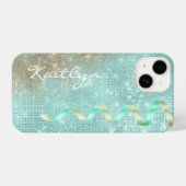 Aqua Blue Sparkle Ribbon Glam iPhone Hülle (Rückseite (Horizontal))
