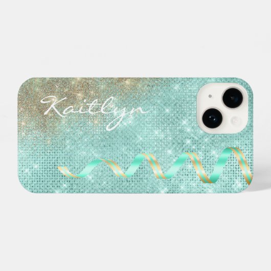 Aqua Blue Sparkle Ribbon Glam iPhone Hülle (Rückseite (Horizontal))