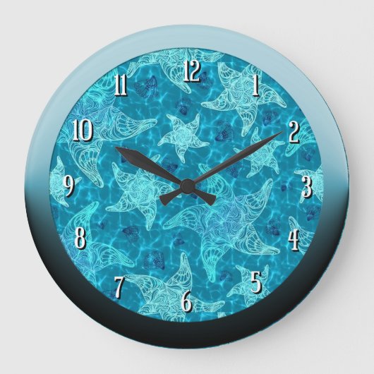 Aqua Blue Starfish Muster Rundwand Große Wanduhr (Vorderseite)