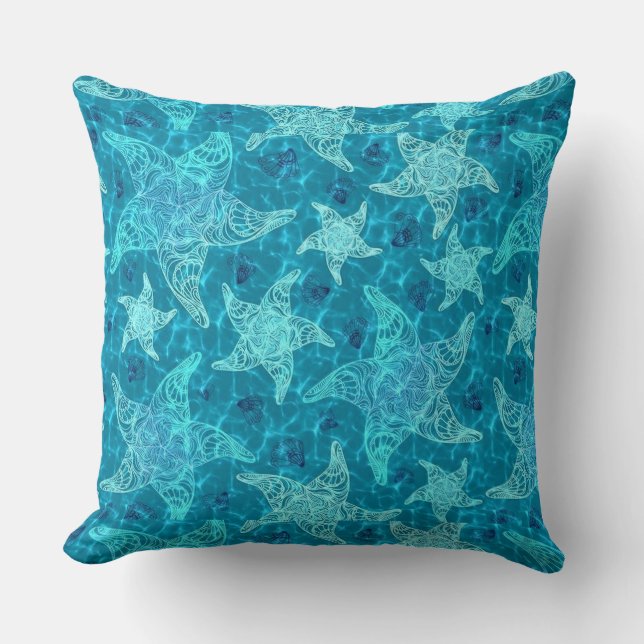 Aqua Blue Starfish Muster Throw Kissen (Vorderseite)