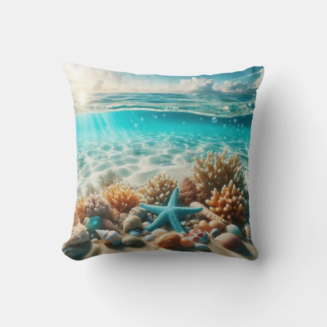 Aqua Blue Starfish Seashell Tropischer Strand Kissen (Vorderseite)