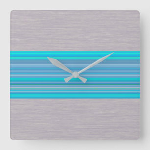 Aqua Blue Striped Pattern on Silver Gray Quadratische Wanduhr