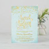 Aqua Blue Sweet 16 Gold Confetti Foil Einladung (Stehend vorne)