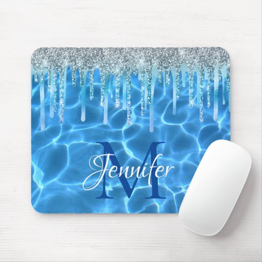 Aqua Blue Swimming Pool Glitzer Tropfen Monogram Mousepad (Mit Mouse)