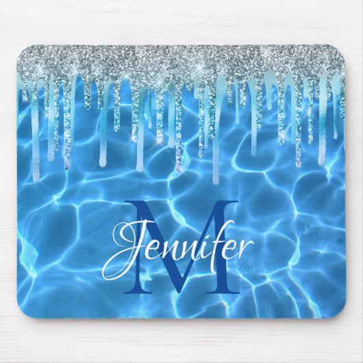 Aqua Blue Swimming Pool Glitzer Tropfen Monogram Mousepad (Vorne)