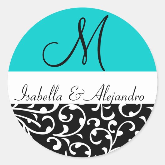 Aqua Blue Swirl Damask Monogram Wedding Stickers (Vorderseite)