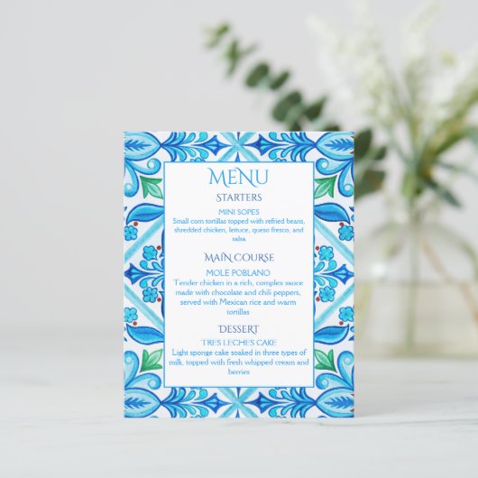 Aqua Blue Talavera Fliesen Hochzeitsmenü (Stehend Vorderseite)