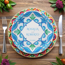 Aqua Blue Talavera Fliesen mit Monogramm Hochzeit