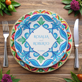 Aqua Blue Talavera Fliesen mit Monogramm Hochzeit Pappteller