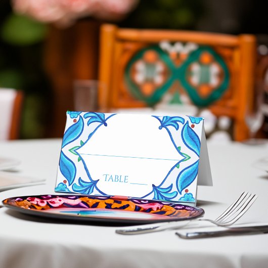 Aqua Blue Talavera Fliesen mit Monogramm Hochzeit Platzkarte