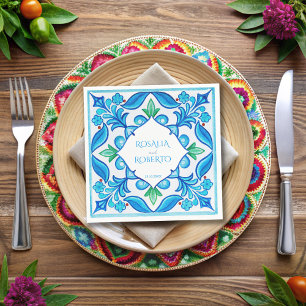 Aqua Blue Talavera Fliesen mit Monogramm Hochzeit Serviette