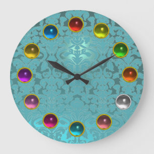 AQUA BLUE TEAL DAMASK AND COLORFUL 3D GEM STONES GROßE WANDUHR
