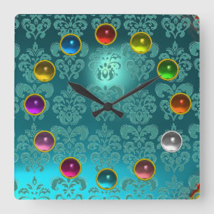 AQUA BLUE TEAL DAMASK AND COLORFUL 3D GEM STONES QUADRATISCHE WANDUHR
