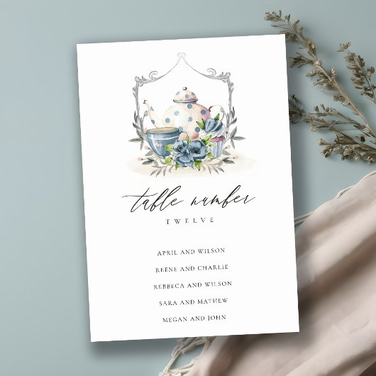 Aqua Blue Teapot Cup Wappen Hochzeit Tischnummer