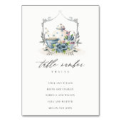 Aqua Blue Teapot Cup Wappen Hochzeit Tischnummer (Rückseite)