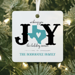 Aqua Blue Texas JOY Foto Holiday Ornament Aus Metall