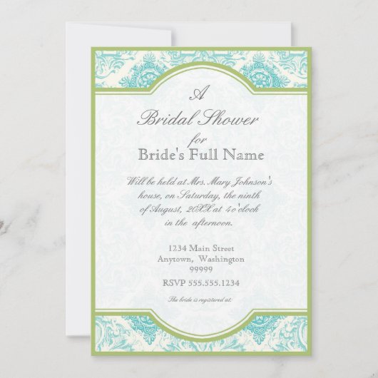 Aqua Blue Toile Quarto - Brautparty Einladung (Vorderseite)