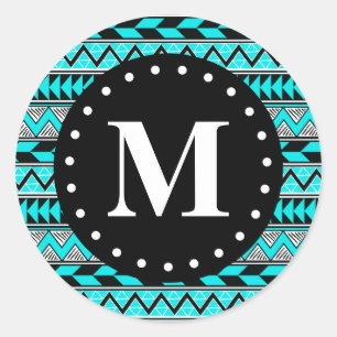 Aqua Blue Tribal Zickzack Muster Monogramm Runder Aufkleber