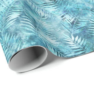 Aqua Blue Tropical Blätter Geschenkpapier