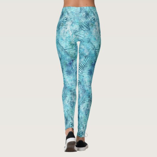 Aqua Blue Tropical Blätter Leggings (Rückseite)