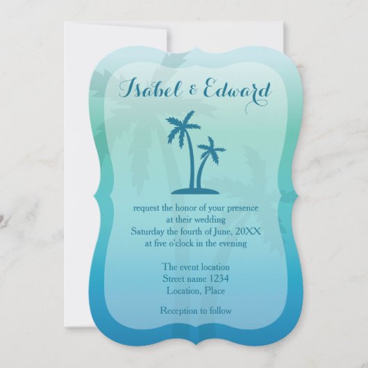 Aqua Blue Tropical Palm Tree Wedding Einladung (Vorderseite)